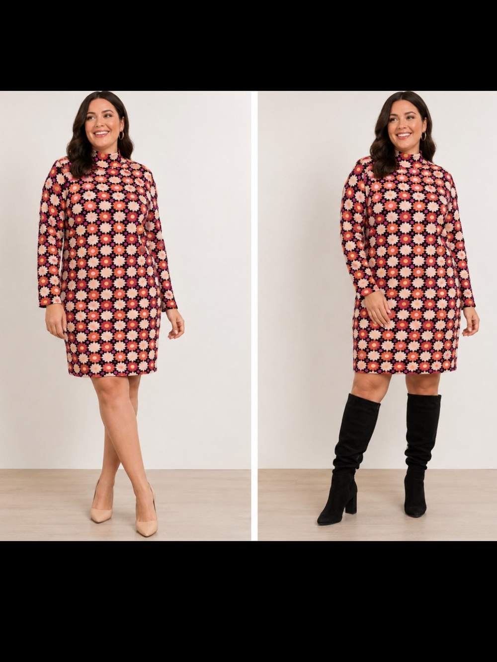 Anthropologie Maeve 70s Retro Medium Pink Orange Black Knit Sweater Dress 14
